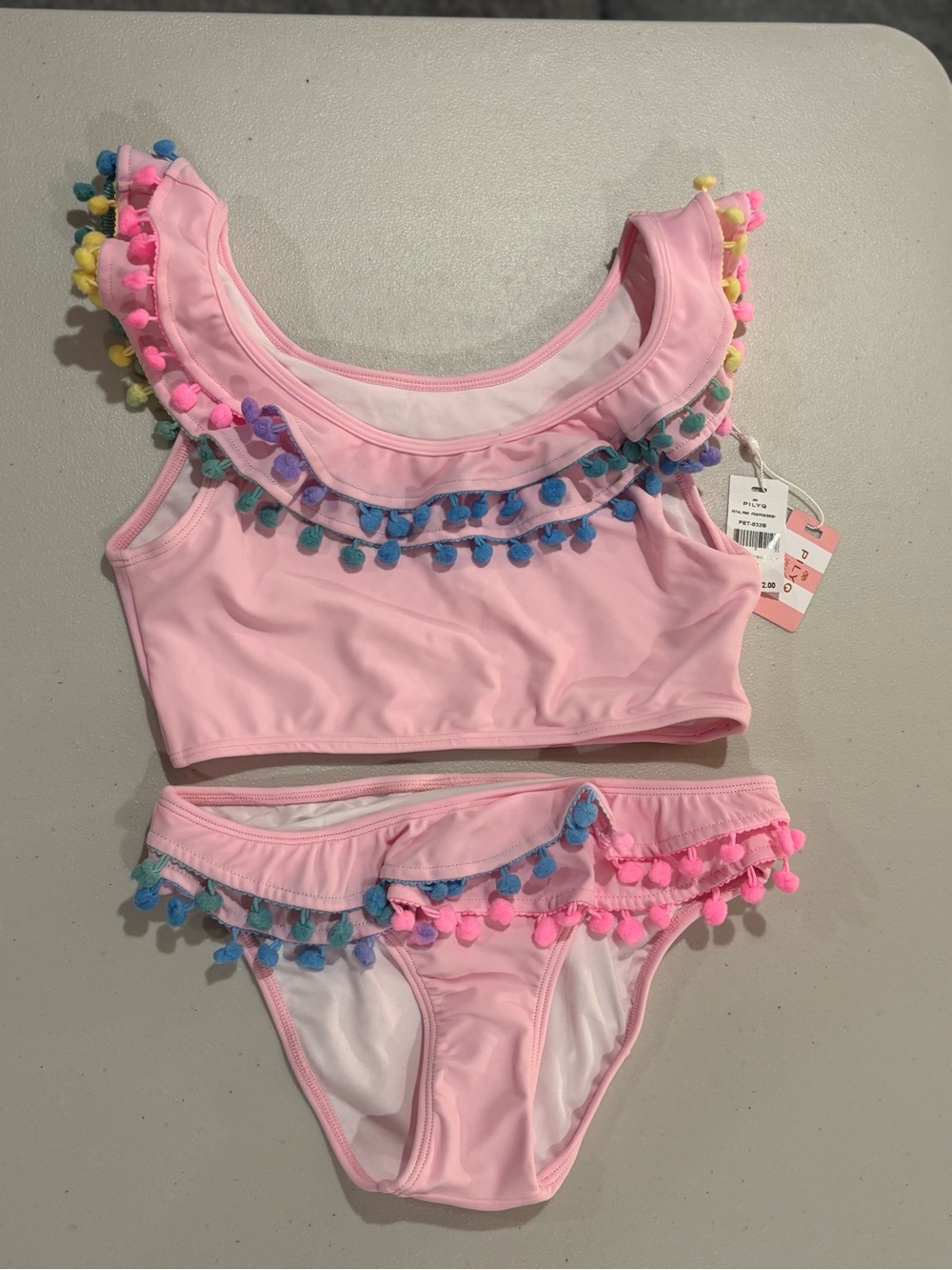 Pilyq Pink Two-Piece Swim Set with Multicolor Pom Trim